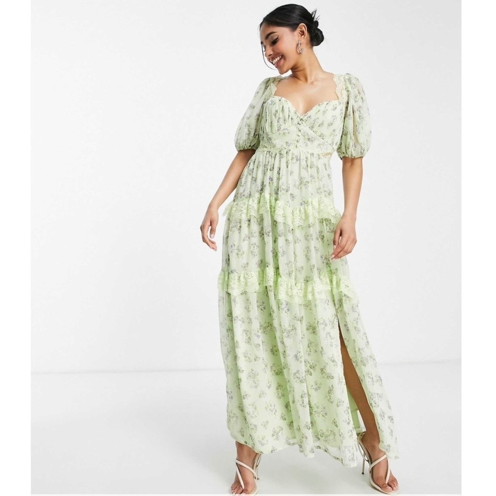 ASOS Lace Ruffle Open Back Midi Tea Green Floral Milkmaid Feminine Dress US 4 P